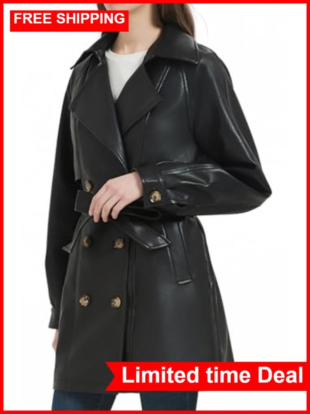 Faux Leather Mid Length Trench Coat Double Breasted Relaxed Fit
